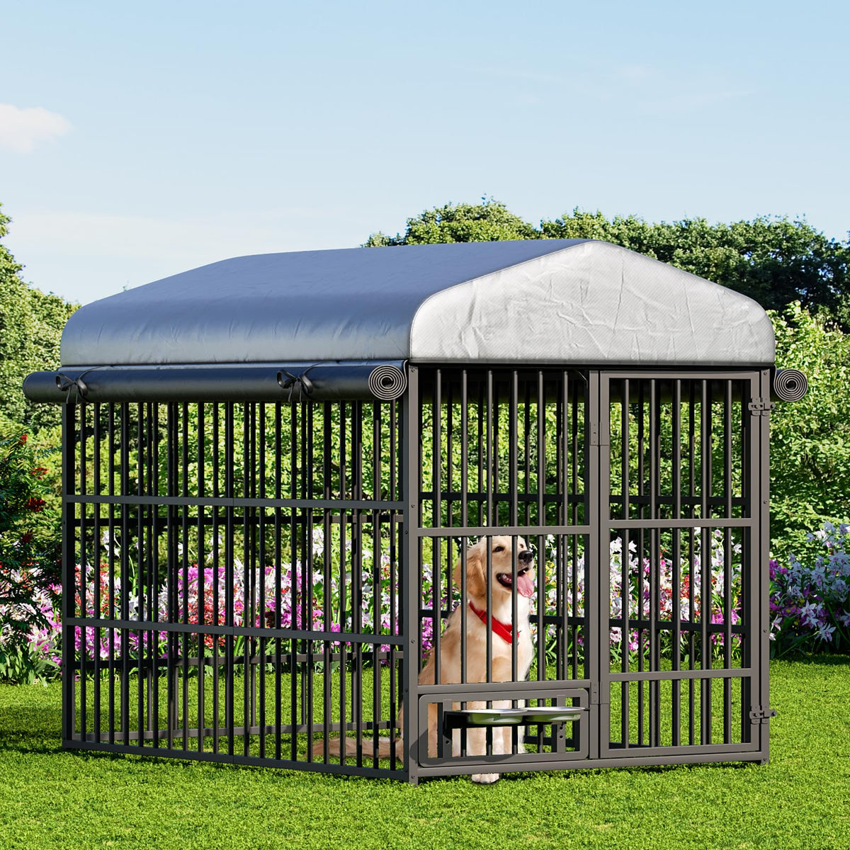 Black Dog Kennel with Cover and Feeding Bowls M807228