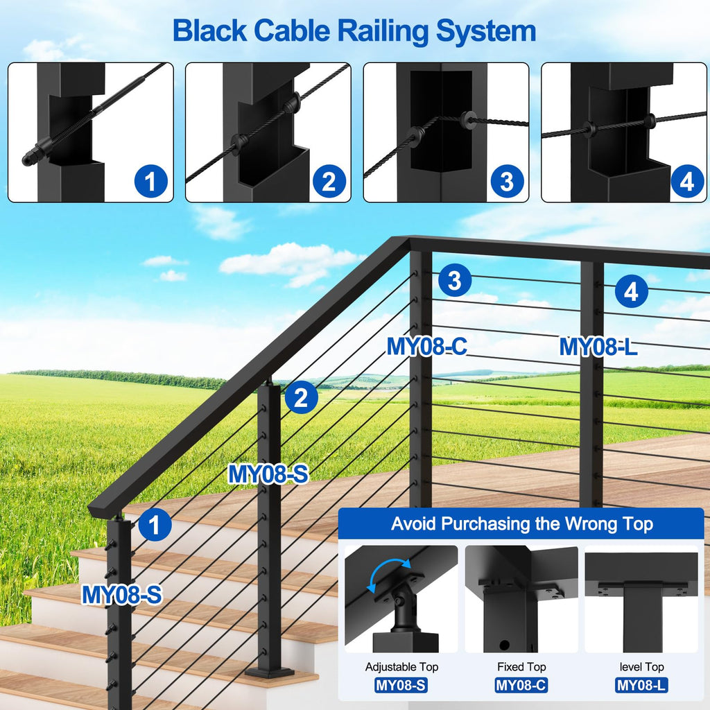 36" Cable Railing Kit with 3 Stainless Steel Black Posts A991380