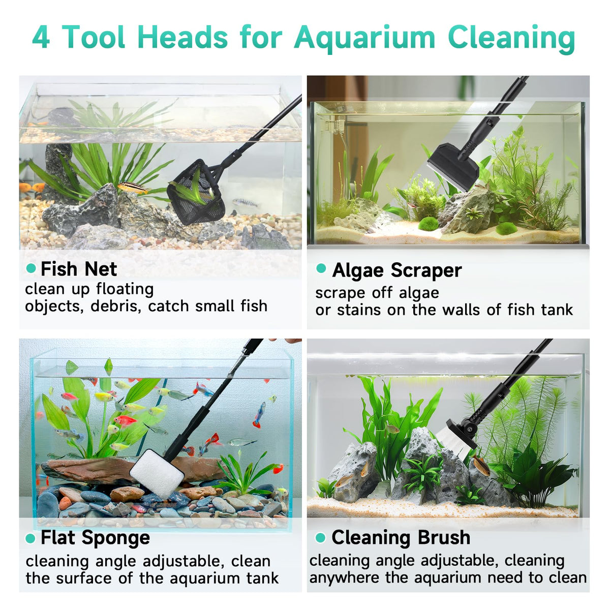 Small 4 in 1 Aquarium Cleaning Tools Kit with Fish Net Algae Scraper Clean Brush Flat Sponge D3856