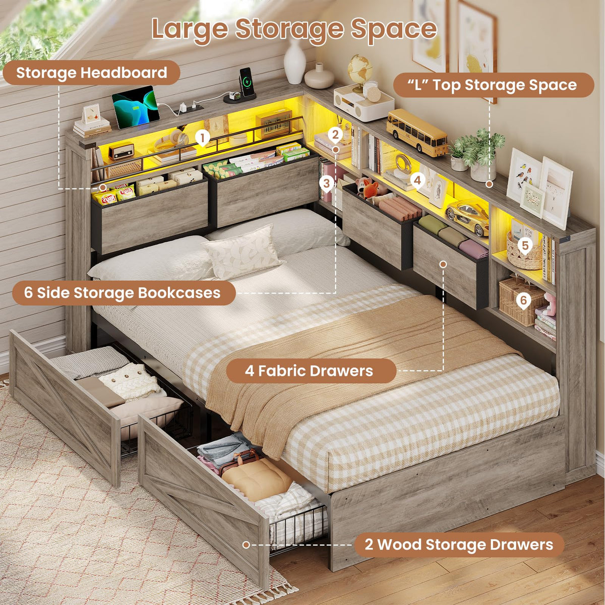 Twin Corner Bed Daybed with 6 Storage Drawers Grey Y667
