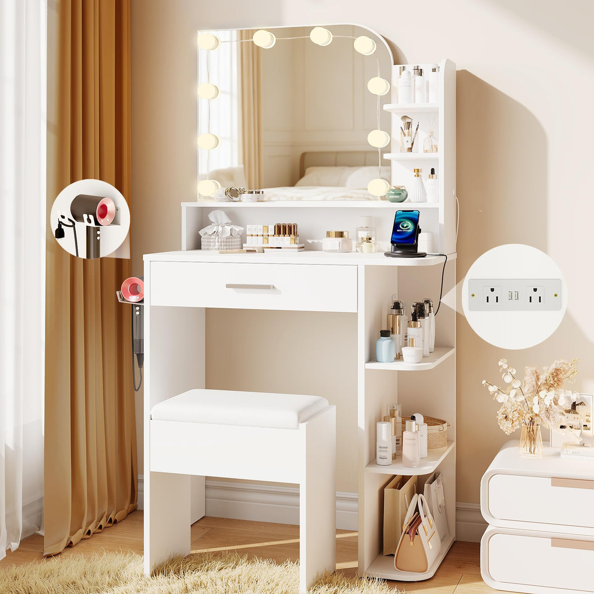 White Small Vanity Set with Chair, Mirror & Lights P807