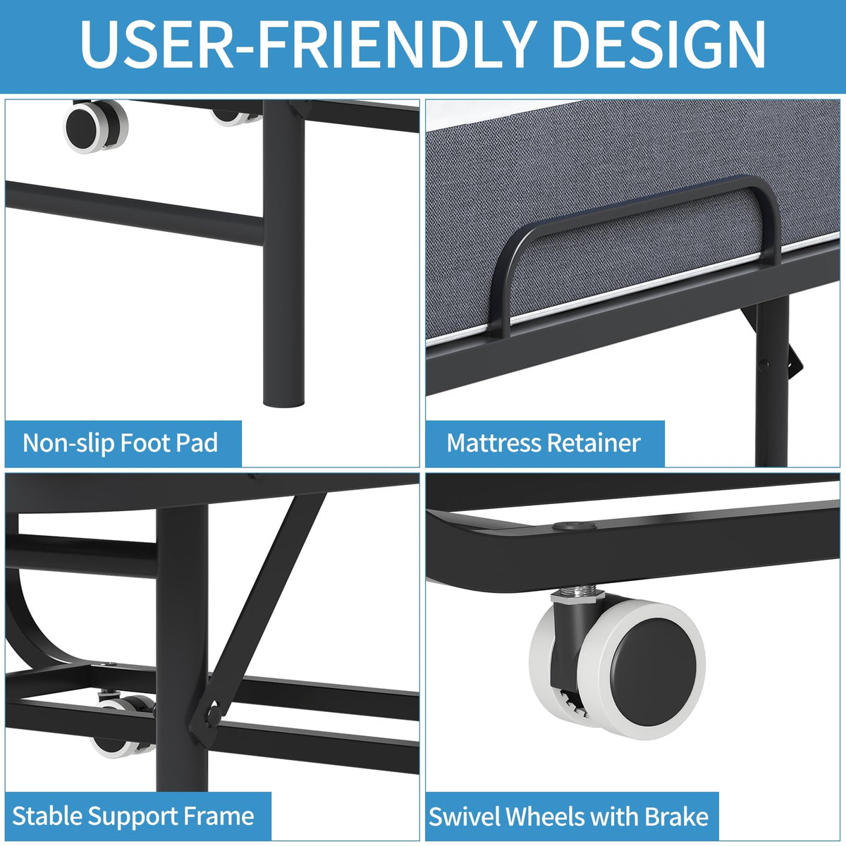 Folding Bed with Mattress, Twin Size Metal Bed Frame with Wheels V341565