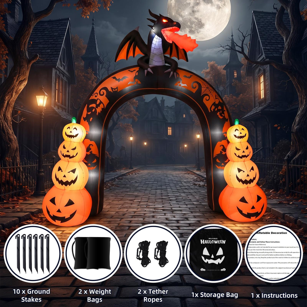 10 FT Tall Halloween Inflatables Dragon Pumpkin Archway Outdoor Decorations with Built-in LEDs Y693789