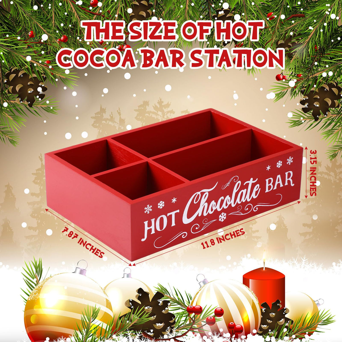 Christmas Hot Cocoa Bar Station Organizer Storage Box Wood Red T958