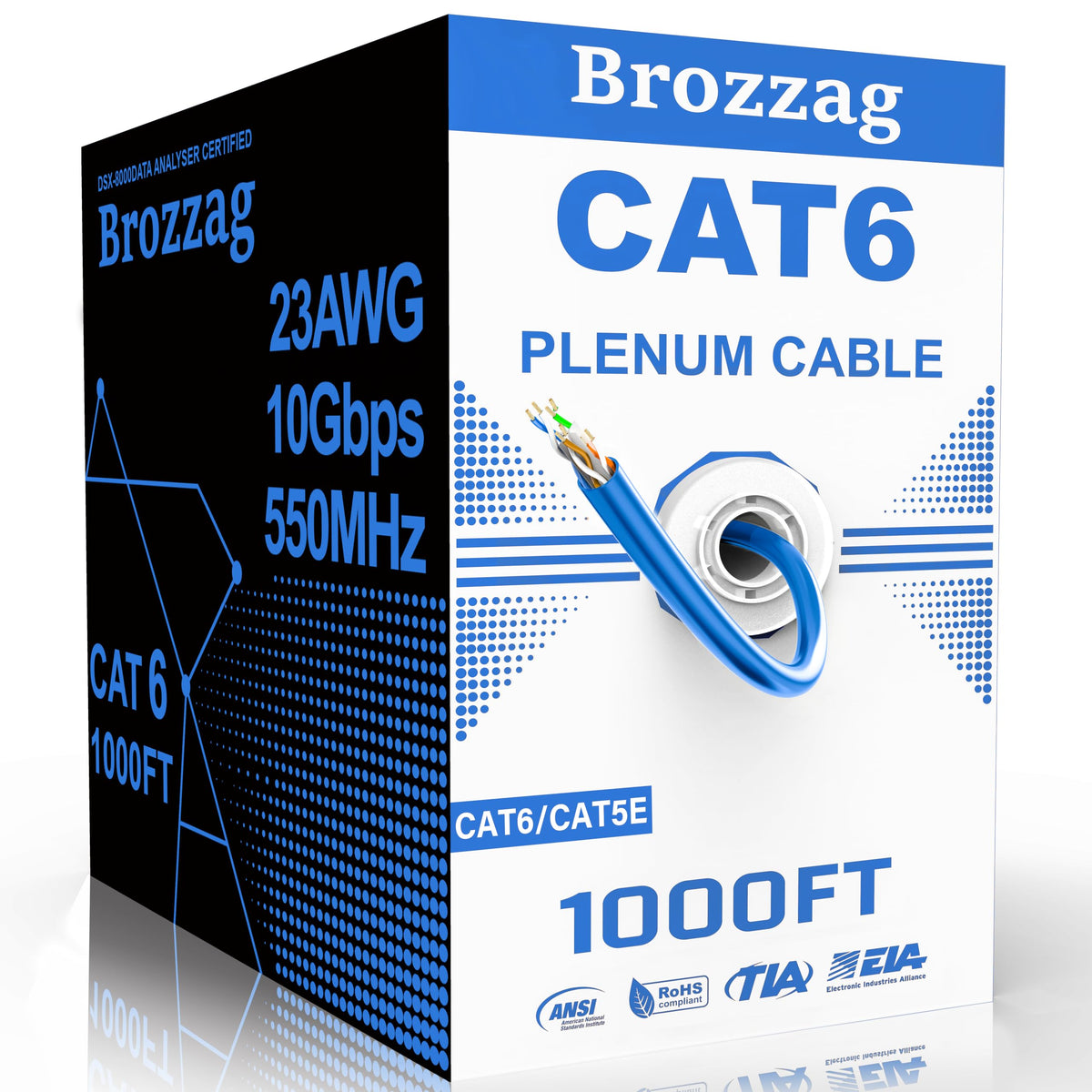 Cat 6 Plenum Cable 1000ft 23AWG Solid CCA 550MHz 10Gbps UTP Ethernet Blue P3278
