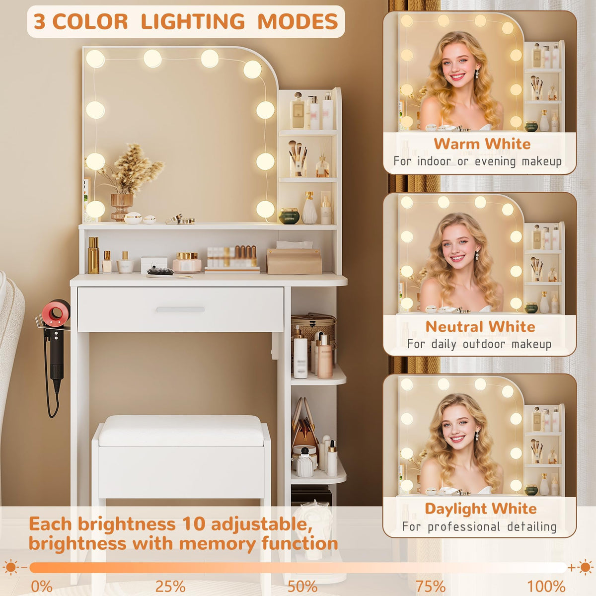 White Small Vanity Set with Chair, Mirror & Lights P807