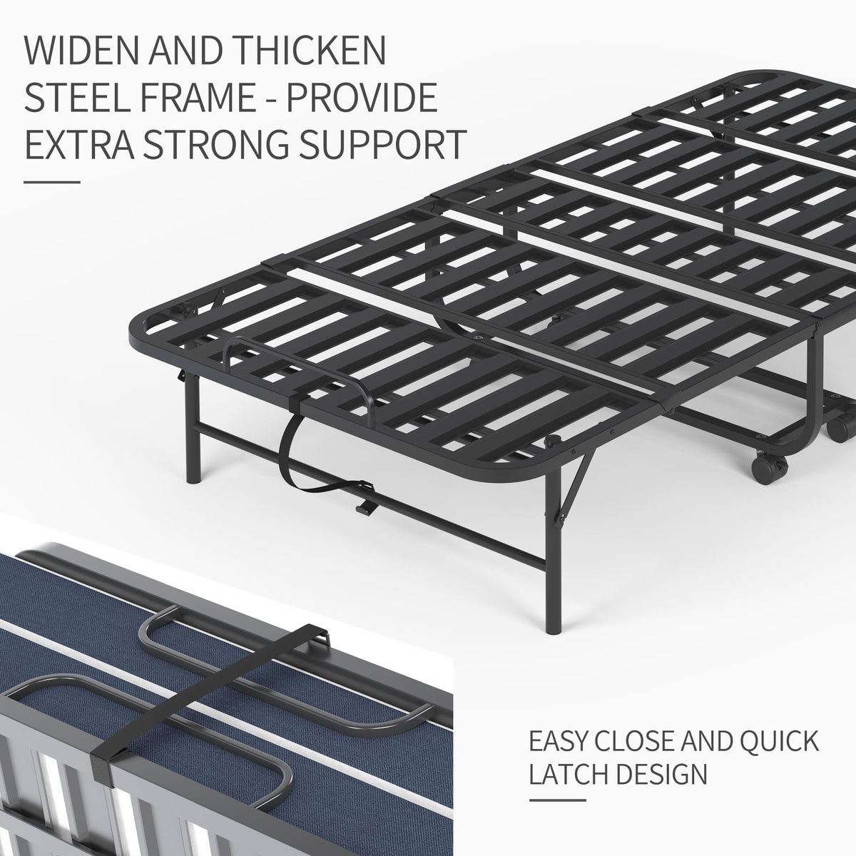 Folding Bed with Mattress, Twin Size Metal Bed Frame with Wheels V341565