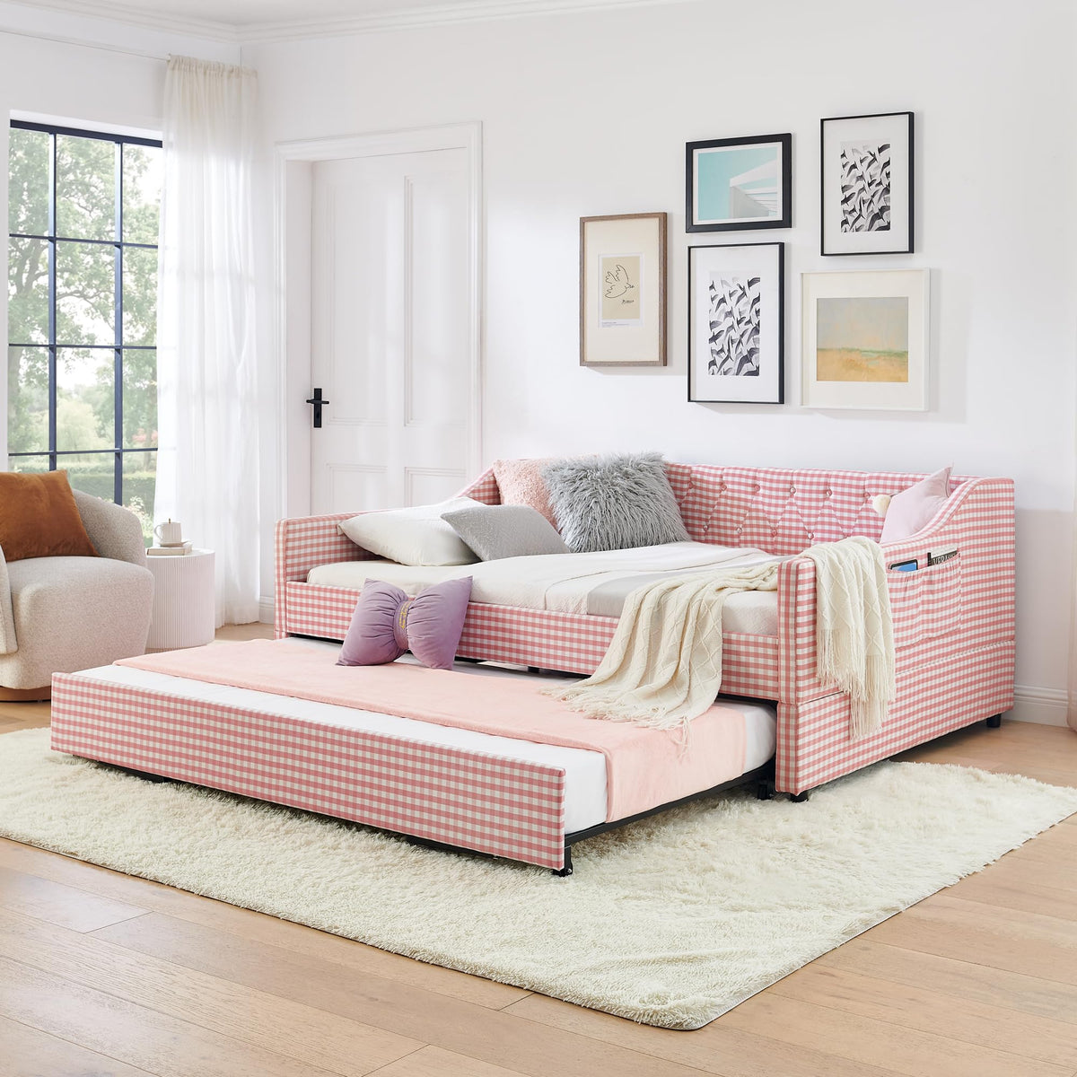 Full Size Upholstered Daybed with Trundle and Side Pocket X1499