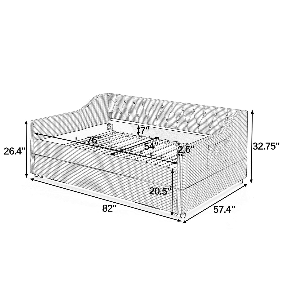 Full Size Upholstered Daybed with Trundle and Side Pocket X1499