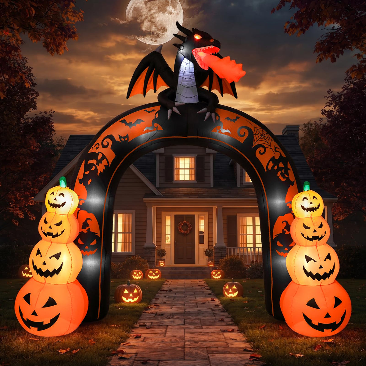 10 FT Tall Halloween Inflatables Dragon Pumpkin Archway Outdoor Decorations with Built-in LEDs Y693789