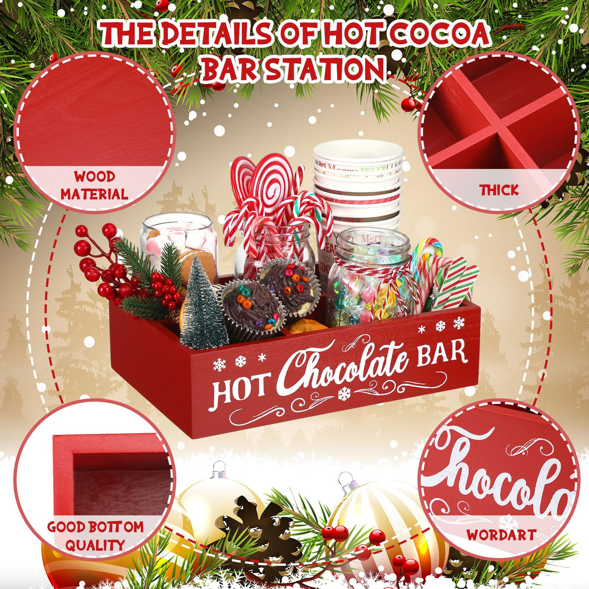 Christmas Hot Cocoa Bar Station Organizer Storage Box Wood Red T958