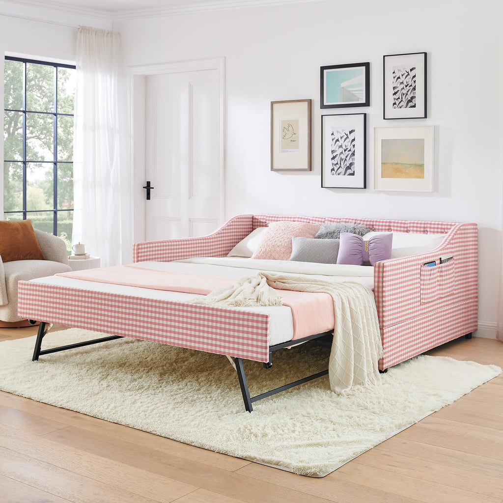 Full Size Upholstered Daybed with Trundle and Side Pocket X1499