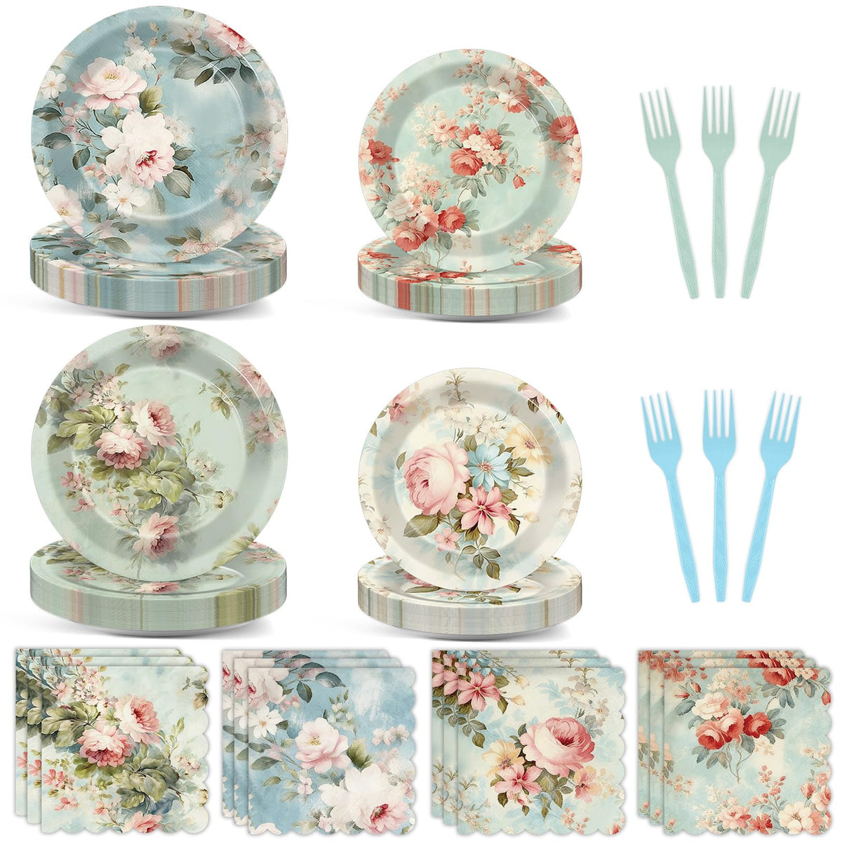 96Pcs Vintage Paper Plates and Napkins Set A5522