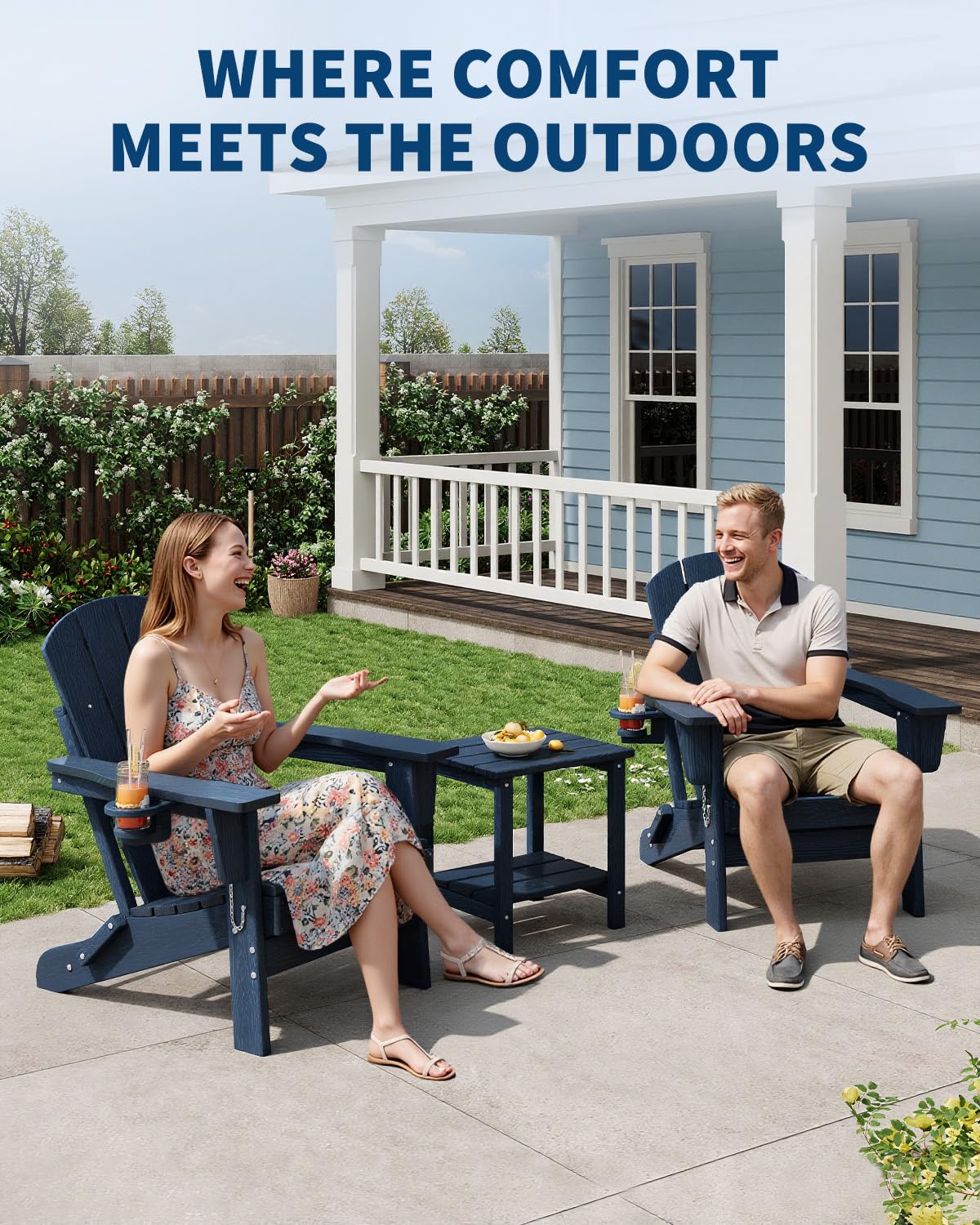 Navy Blue HDPE Folding Adirondack Chair Set of 6 with Cup Holder D3761