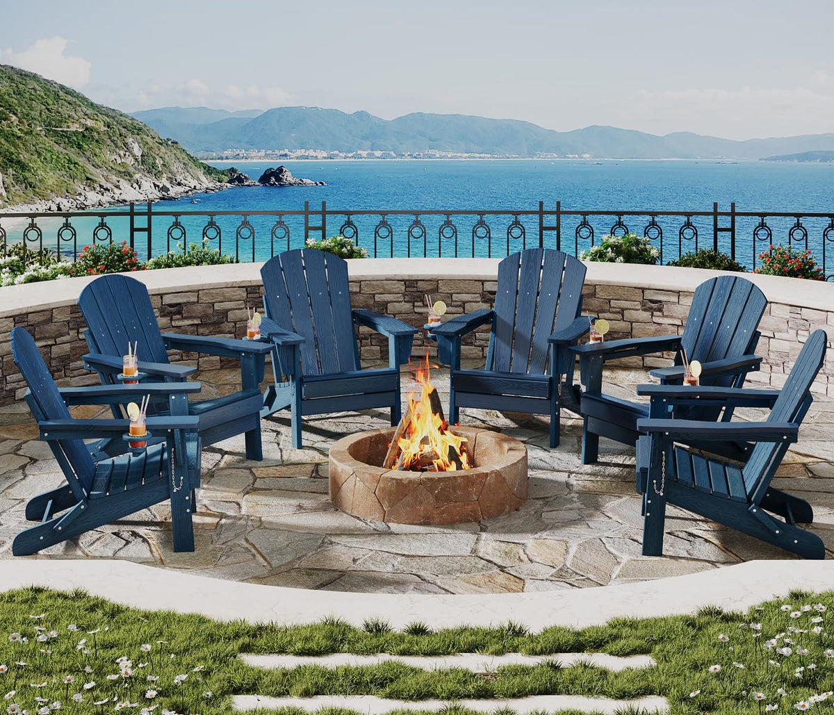 Navy Blue HDPE Folding Adirondack Chair Set of 6 with Cup Holder D3761