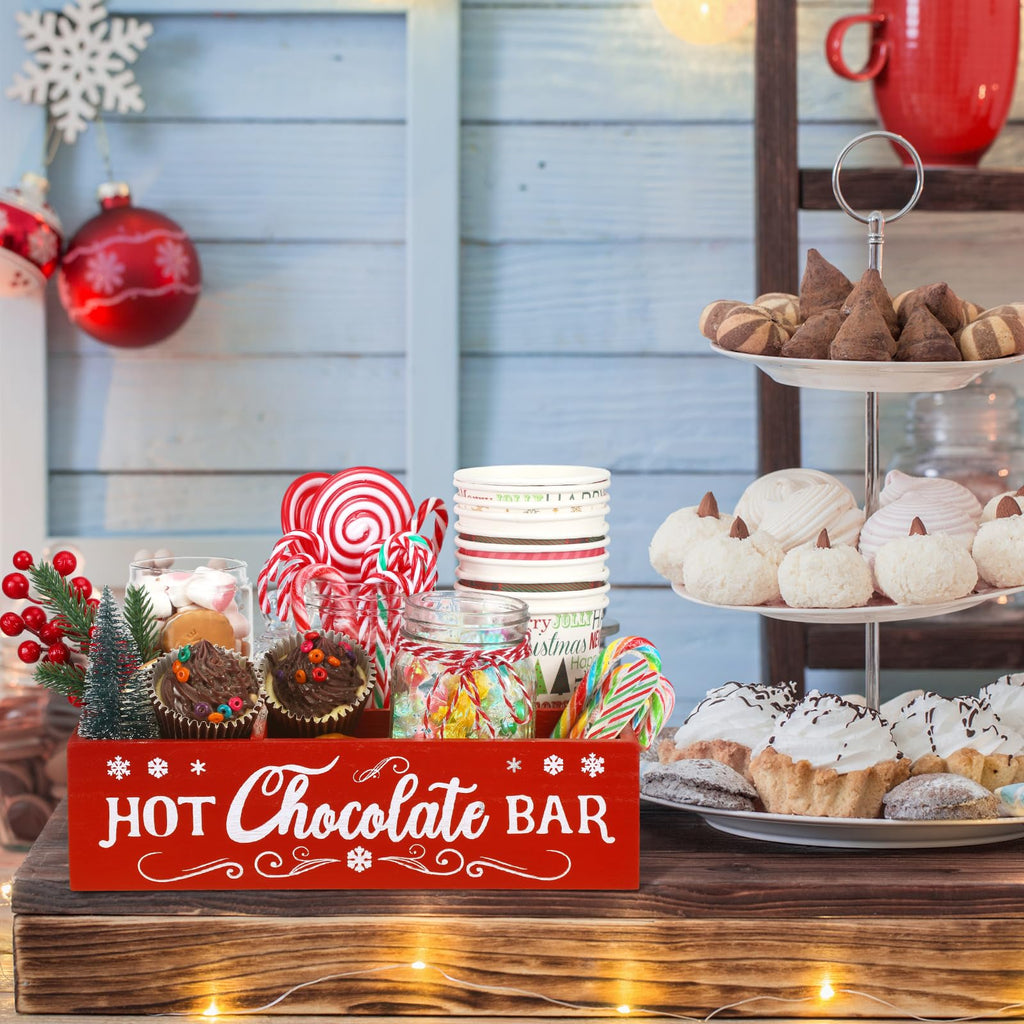 Christmas Hot Cocoa Bar Station Organizer Storage Box Wood Red T958