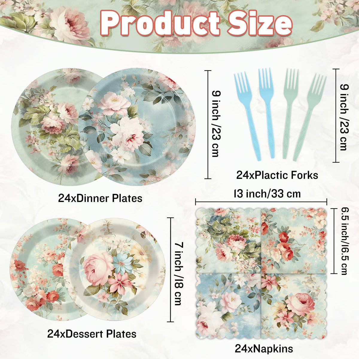 96Pcs Vintage Paper Plates and Napkins Set A5522