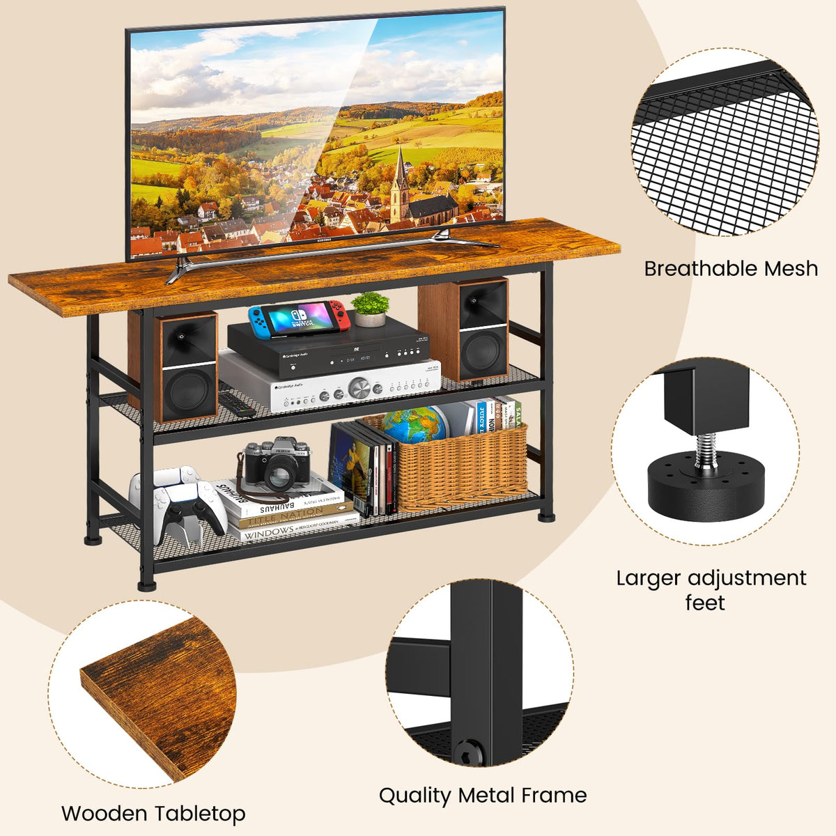 Rustic Brown TV Stand up to 55 Inch with 3 Tier Storage Shelves Y99818