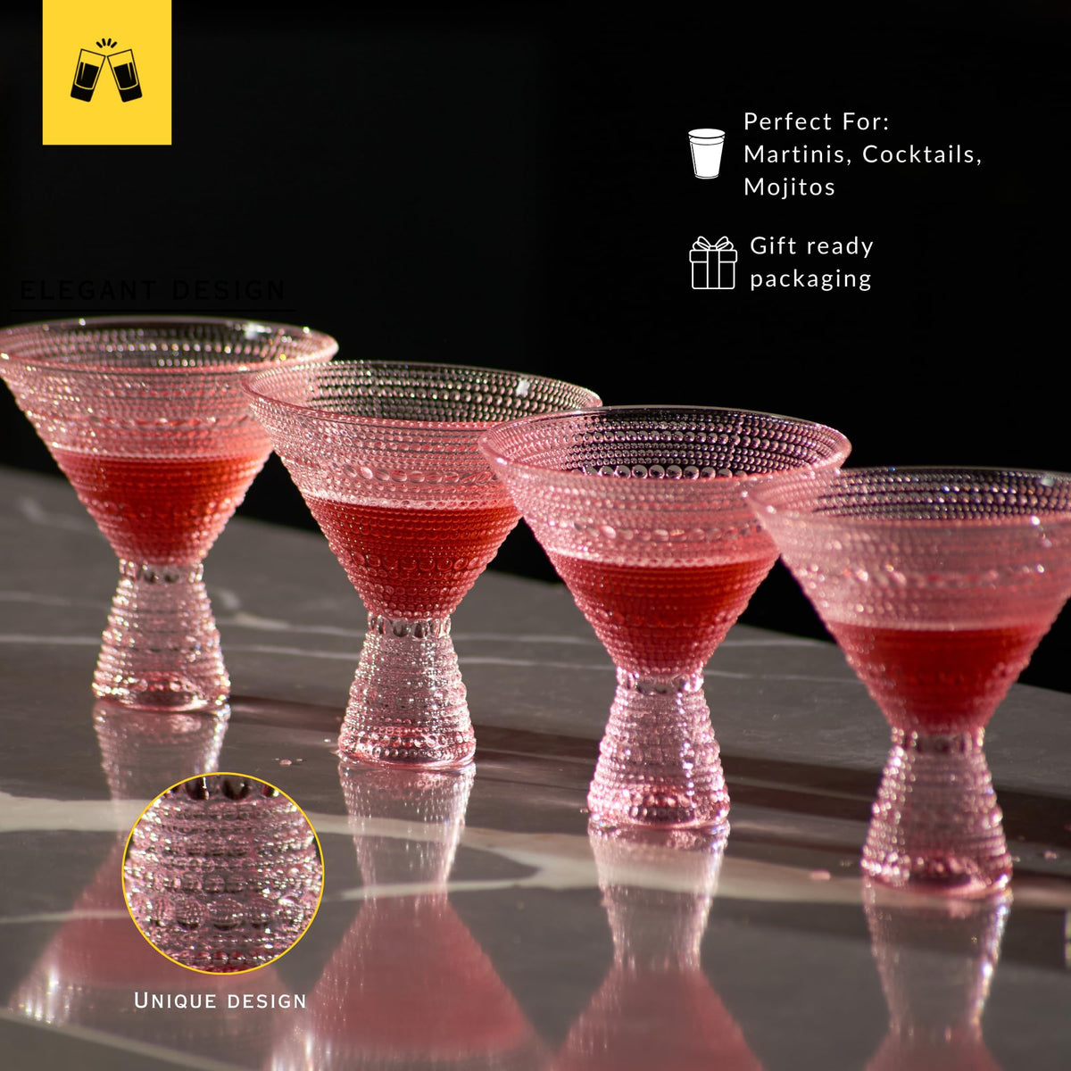 Pink & Clear 9oz Set of 6 Martini Glasses D127