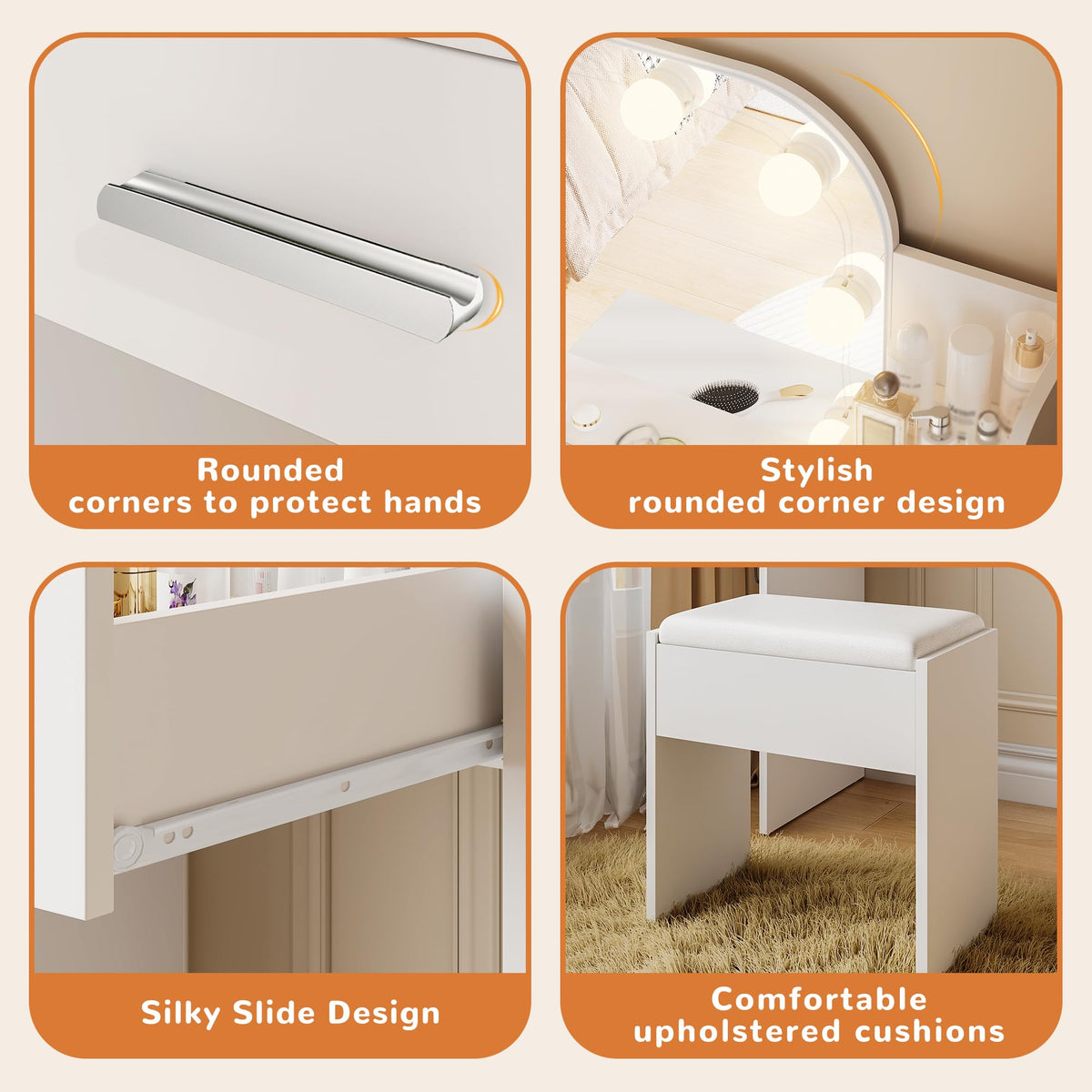 White Small Vanity Set with Chair, Mirror & Lights P807