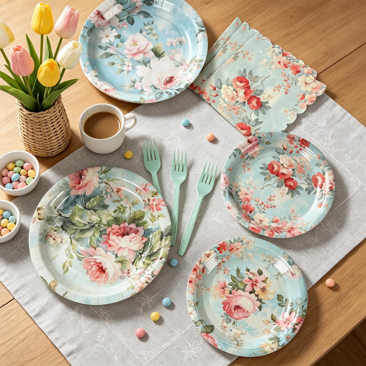 96Pcs Vintage Paper Plates and Napkins Set A5522