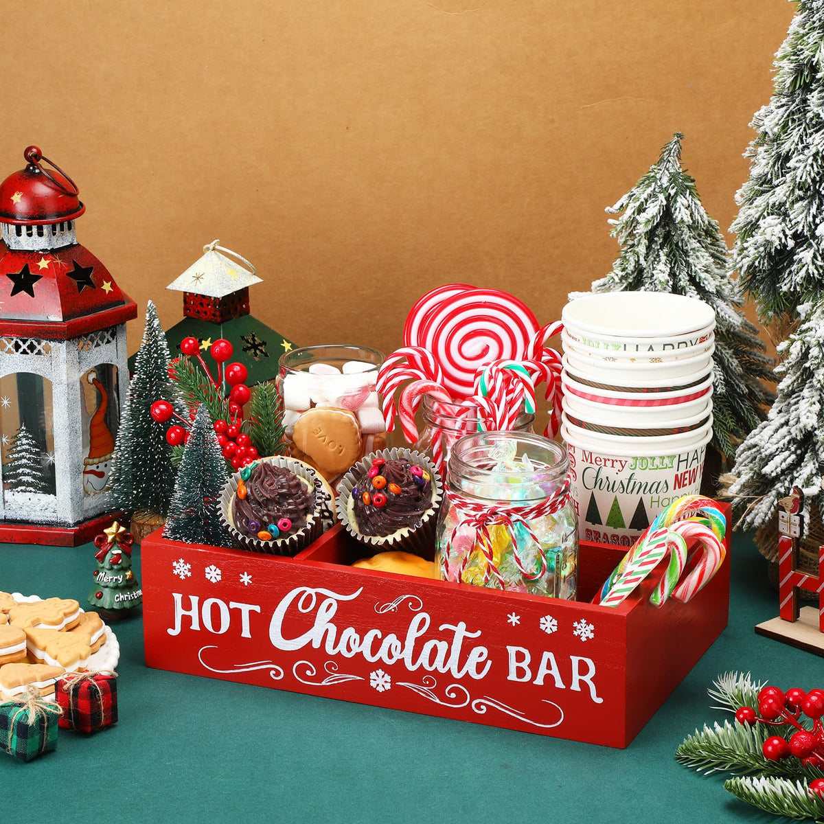 Christmas Hot Cocoa Bar Station Organizer Storage Box Wood Red T958