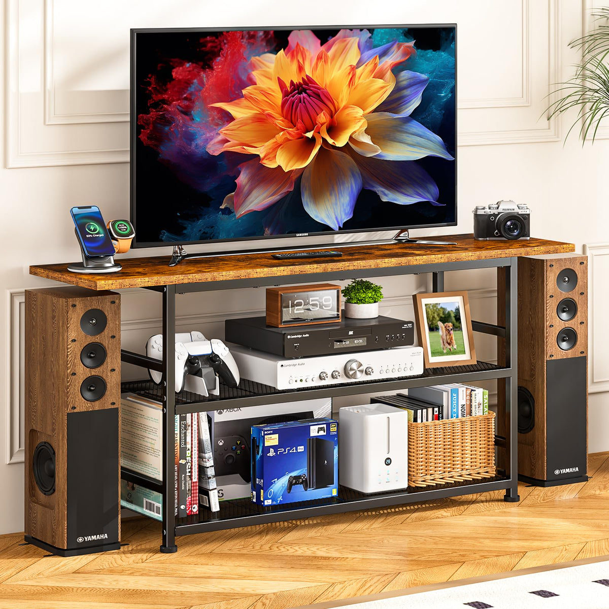 Rustic Brown TV Stand up to 55 Inch with 3 Tier Storage Shelves Y99818