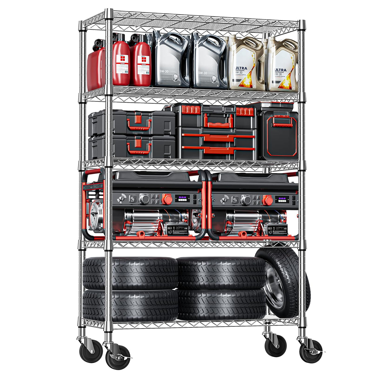 5-Tier Adjustable Heavy Duty Steel Wire Shelving Unit with Wheels J998
