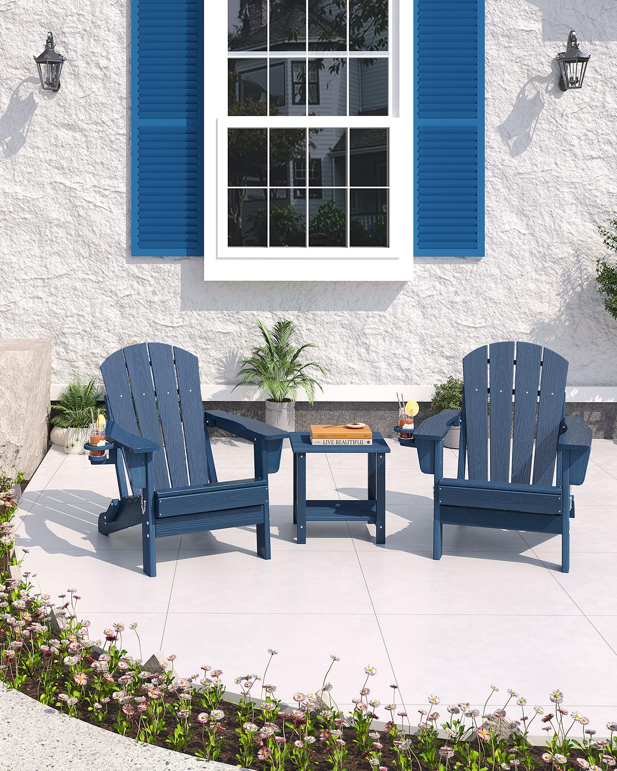 Navy Blue HDPE Folding Adirondack Chair Set of 6 with Cup Holder D3761
