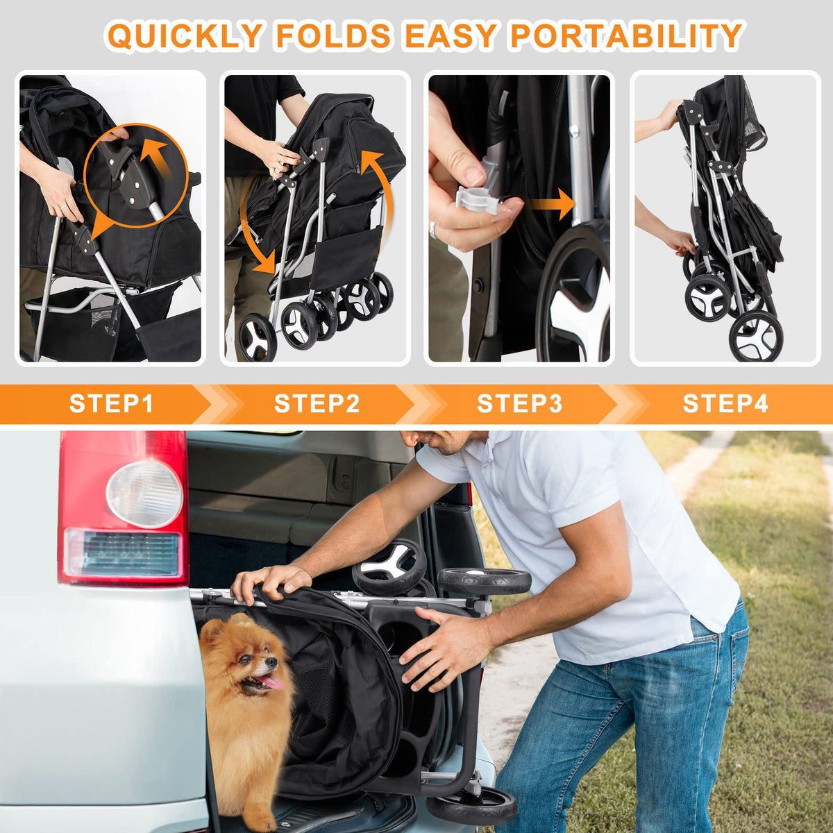 4 Wheels Foldable Pet Stroller with Storage Basket and Cup Holder E891506
