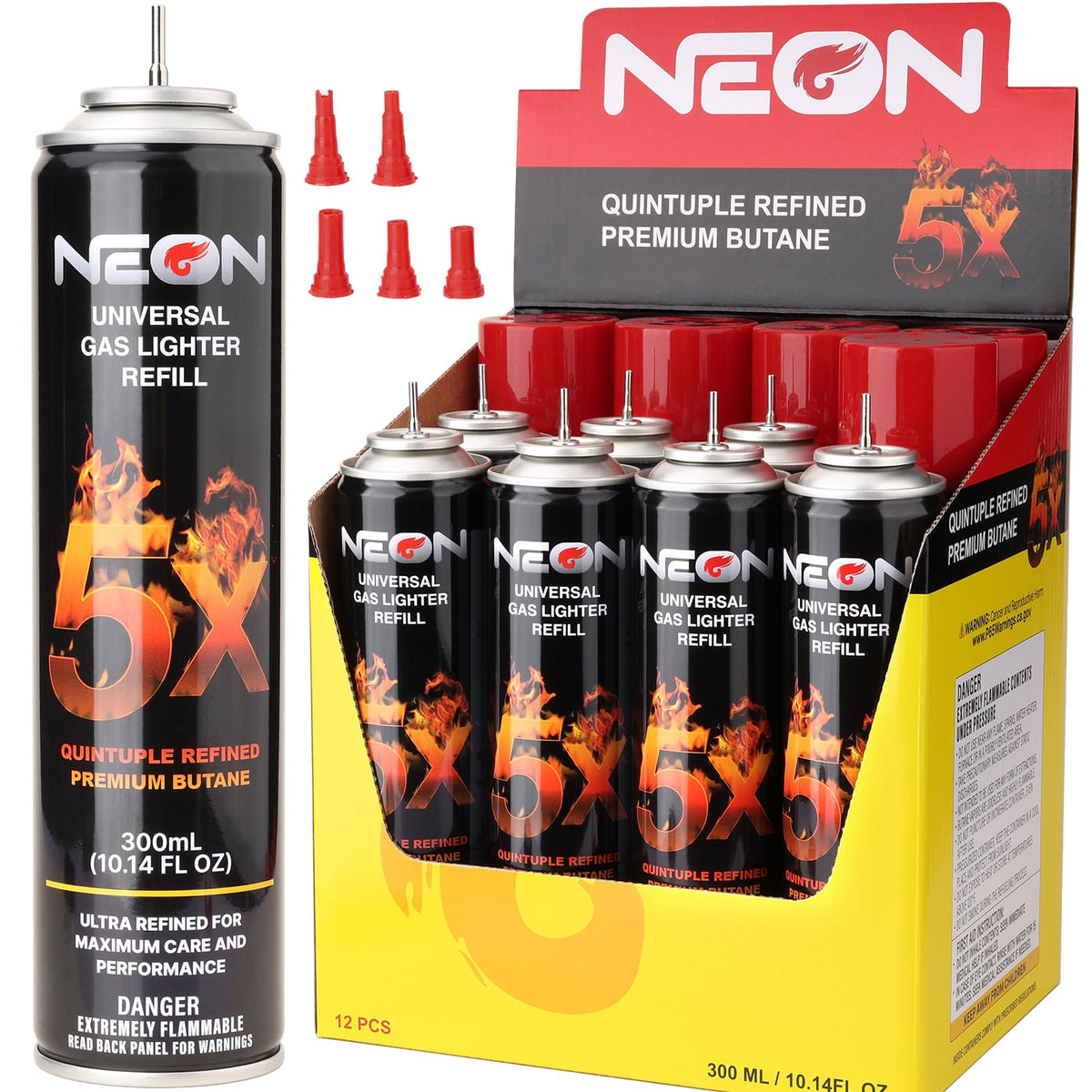 300ml Butane Fuel Refill with Metal Nozzle & 5 Adapters, 12 Cans G164287