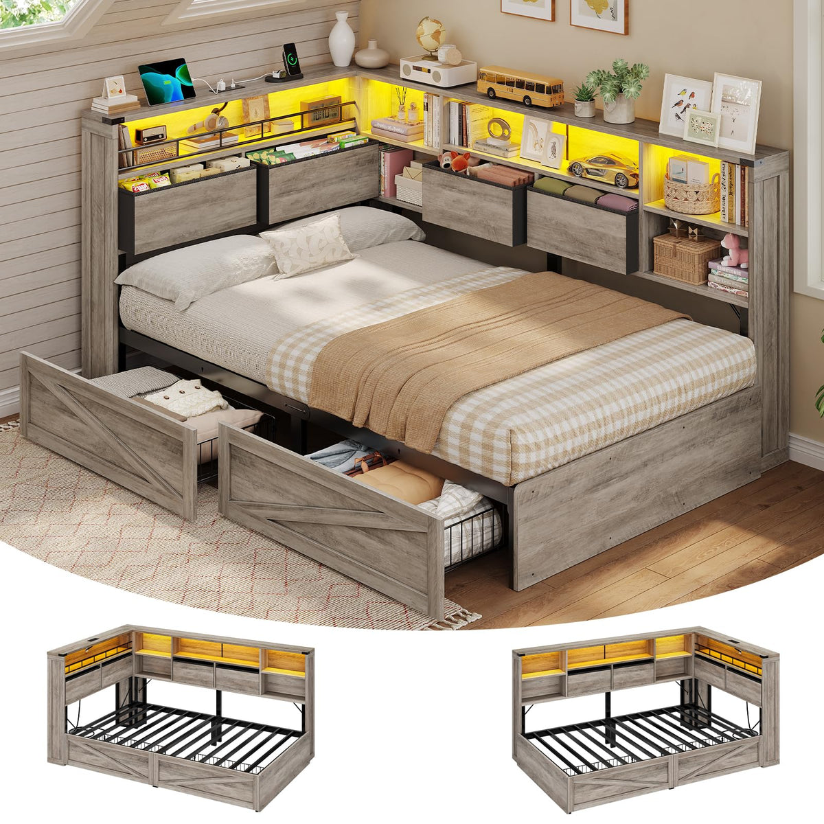 Twin Corner Bed Daybed with 6 Storage Drawers Grey Y667