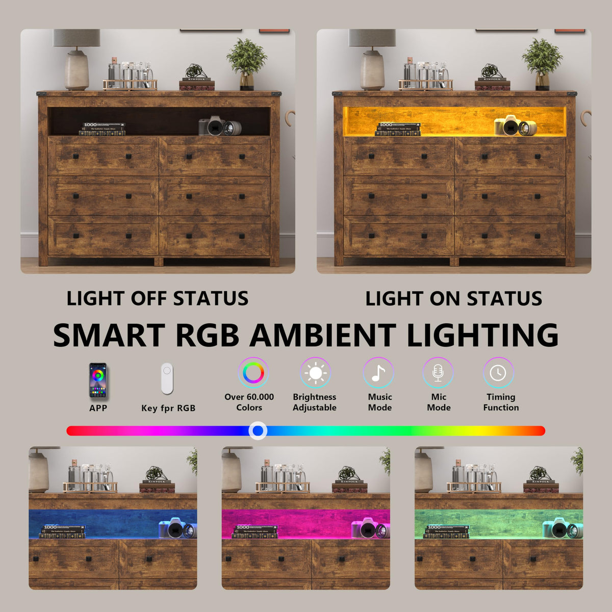 Brown 6 Drawer Dresser with LED Lights and Power Outlet Z8060