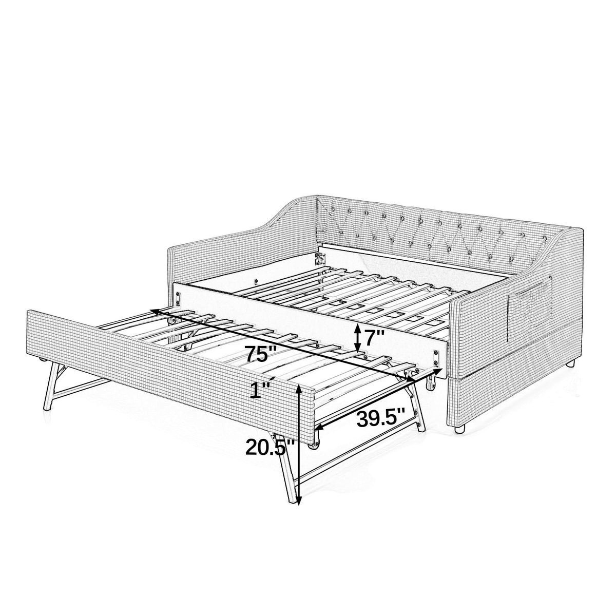 Full Size Upholstered Daybed with Trundle and Side Pocket X1499