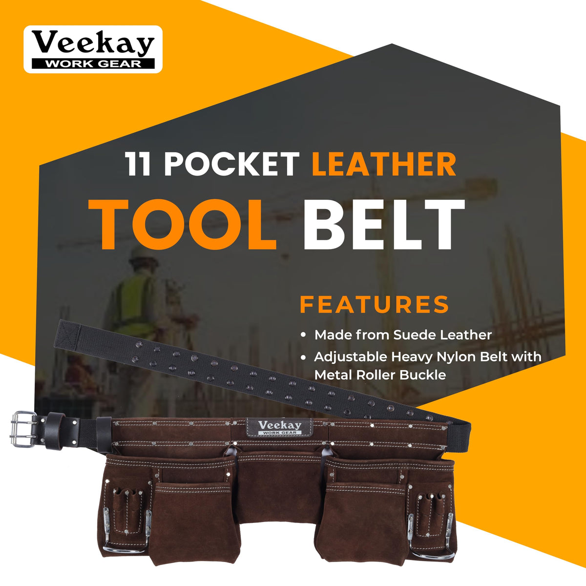 Brown Suede Leather 11-Pocket Tool Belt V4608
