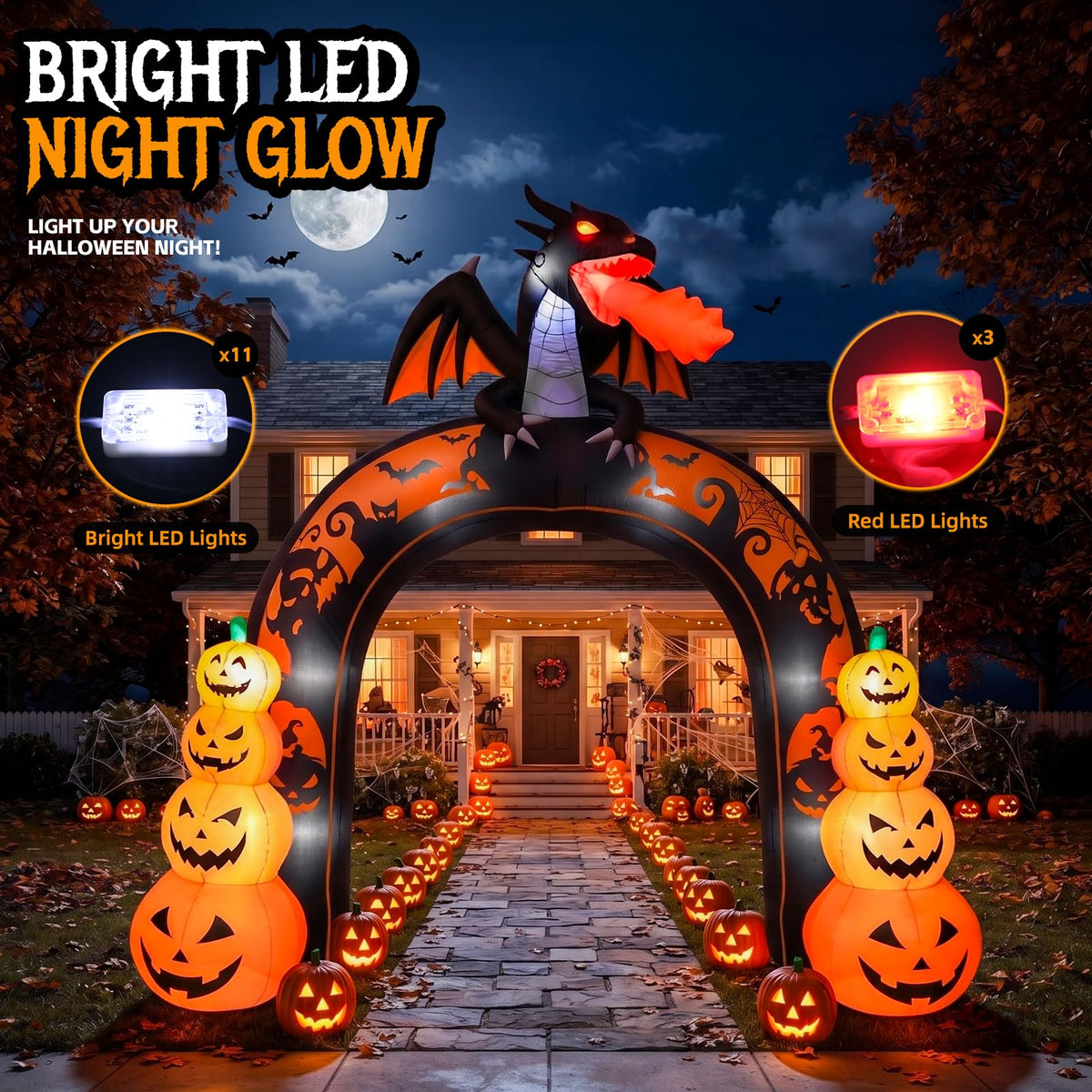 10 FT Tall Halloween Inflatables Dragon Pumpkin Archway Outdoor Decorations with Built-in LEDs Y693789