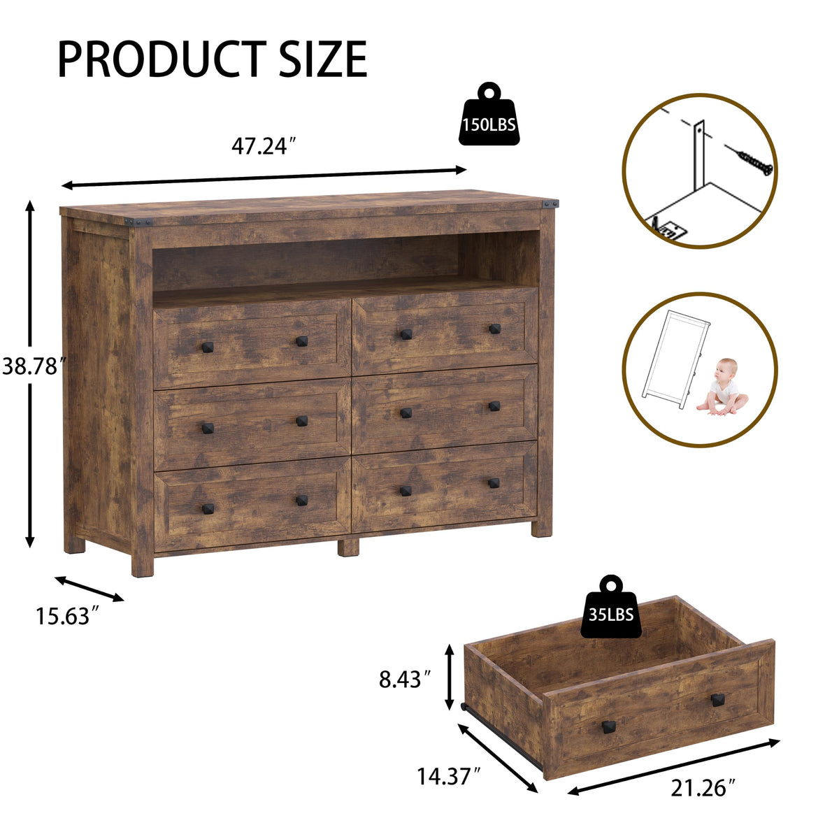 Brown 6 Drawer Dresser with LED Lights and Power Outlet Z8060
