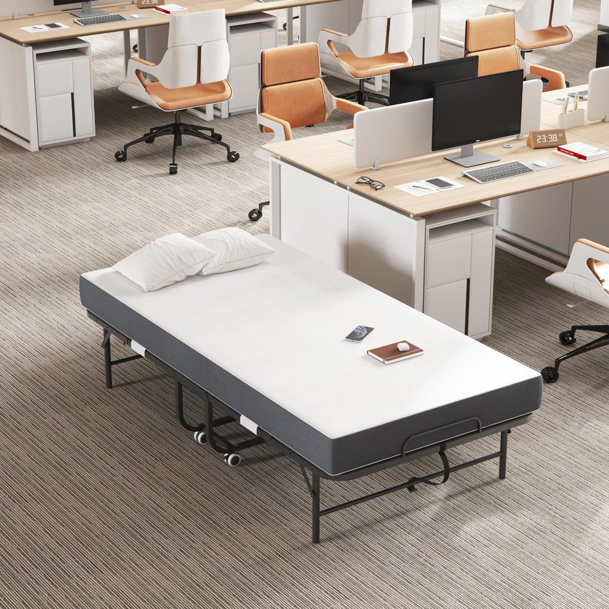 Folding Bed with Mattress, Twin Size Metal Bed Frame with Wheels V341565