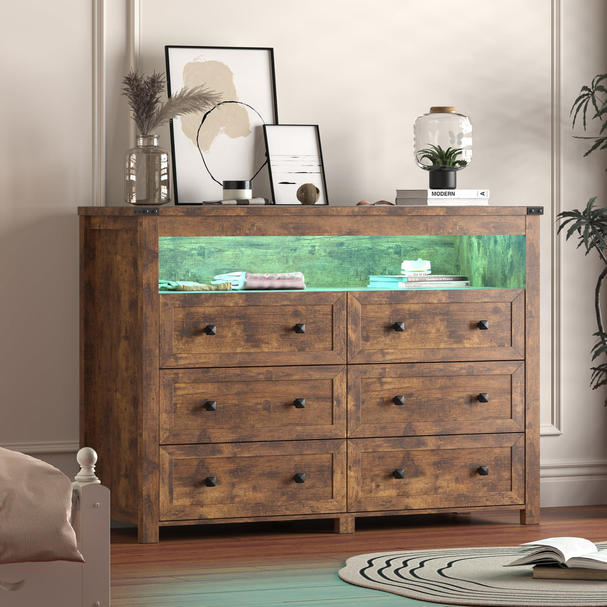 Brown 6 Drawer Dresser with LED Lights and Power Outlet Z8060