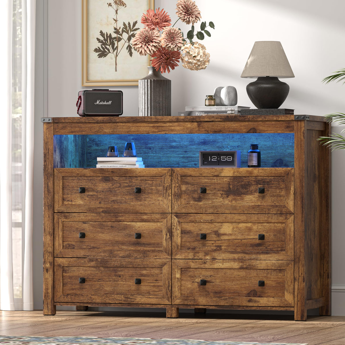 Brown 6 Drawer Dresser with LED Lights and Power Outlet Z8060