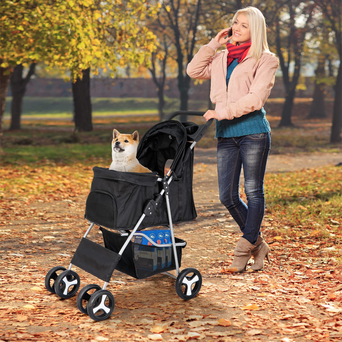 4 Wheels Foldable Pet Stroller with Storage Basket and Cup Holder E891506